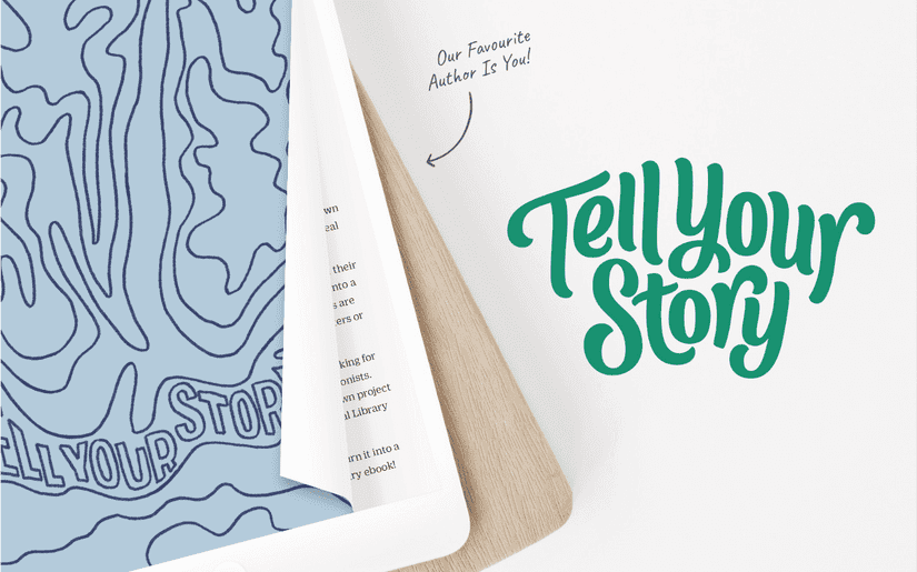 Tell Your Story Logo next to an iPad with illustrated book cover and the slogan "our favourite author is you!"