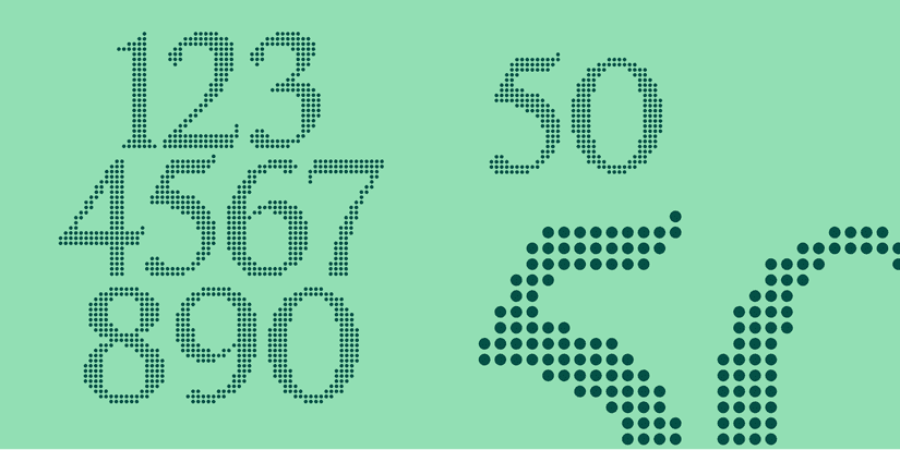 The numbers listed from 0-9 in a dot pixel style. Numbers in dark green on a light green background. The bottom right corner has an enlarged 5 and 0.