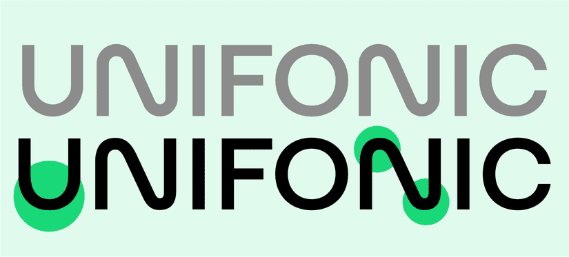 A greyed word "Unifonic" followed by a darker black version of the same word in the same style. There are call outs showing what changes were made between the original and the final wordmark.
