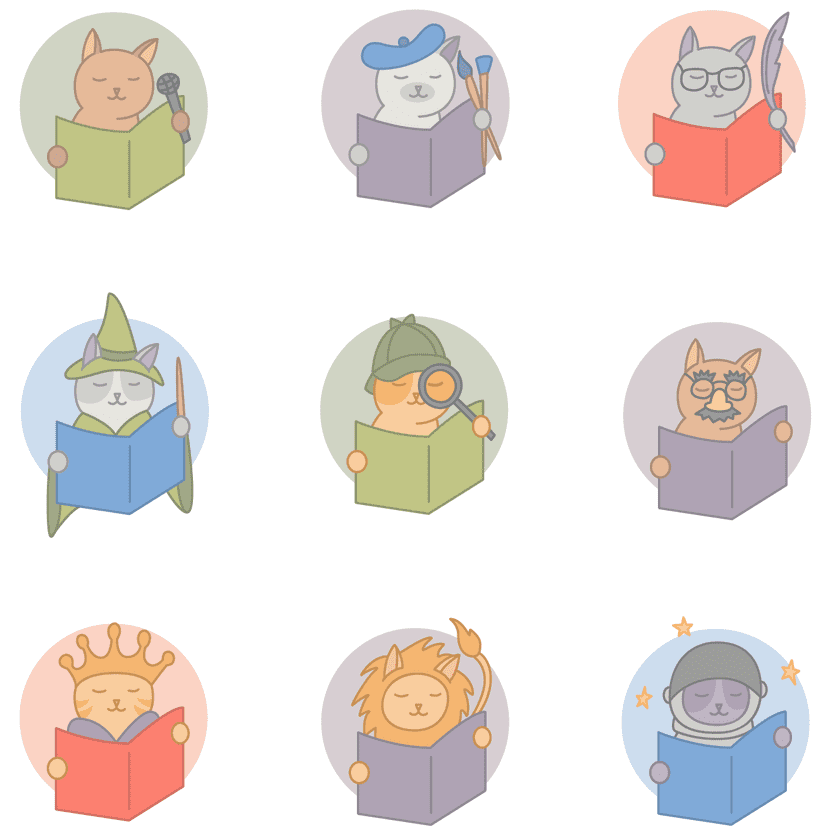 9 icons of cats reading books while wearing different hats or holding props such as paintbrushes, wands, spyglasses, space helmets, kings crowns, lion costumes, and microphones