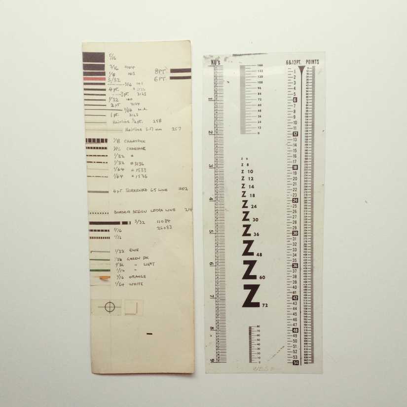 A hand made chart of border tapes next to a point size ruler for graphic design layouts