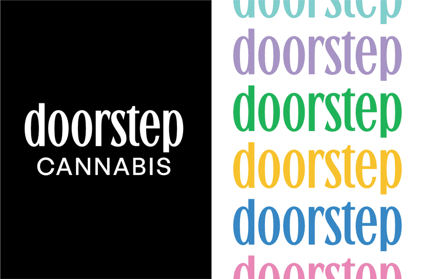 An image with two halfs. The left has a black background with the Doorstep cannsbis wordmark in the middle in white. The right side is the doorstep part of the logo repeated down the page in different bright colours