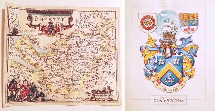 Hand drawn map of Chester with decorative calligraphy next to a watercolour rendition of the Spir family crest