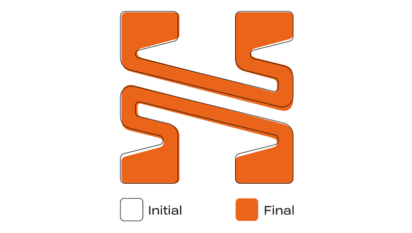a large orange shape that looks like an H. It is made of two mirrored halves on the top and bottom that resemble music notes  and create an angled crossbar in the middle.
