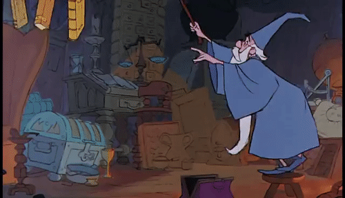 gif of Merlin from Sword in the Stone loading his books into his travel bag