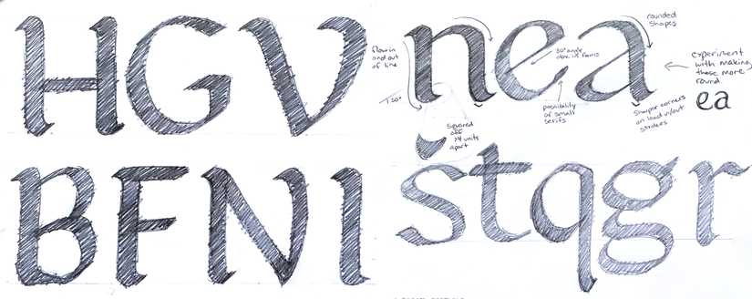 Pencil sketches of calligraphic letterforms