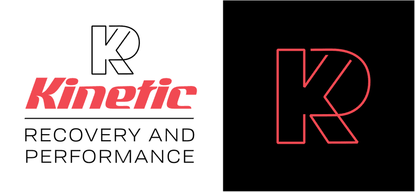The logo which includes a line art monogram "KRP" icon above the custom word mark, followed by and underline and then "Recovery And Performance" in a light Sans Serif