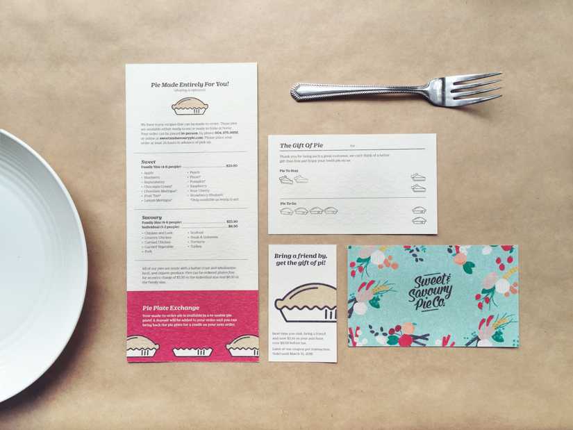 Pie menu, loyalty card, and business card laid out next to each other