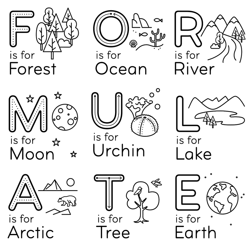 A 3 by 3 grid of images each featuring one letter, a short phrase featuring that letter, and a simple line drawing. For example, the first is "F is for Forest" with a drawing of trees.. 