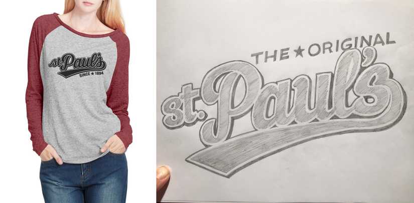 An early pencil sketch of the St. Paul's baseball style lettering next to a mock up of the final artwork on a baseball T-shirt
