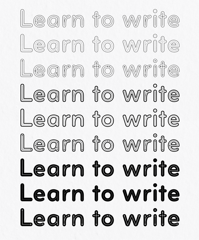 The phrase "learn to write" repeated down the image nine times. Each is set in a different outline/inline style