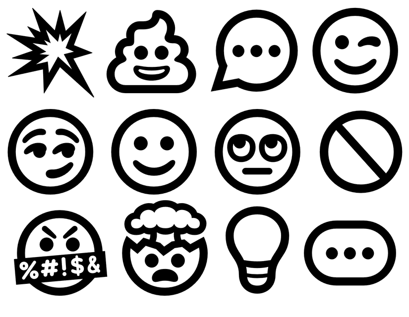 emojis: blast, smiling pile of poo, message, winking face, smirk, smile, eye-roll, none, angry, brain explode, light bulb, typing