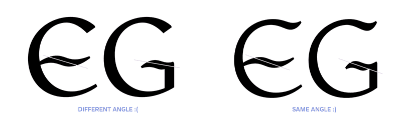 An early version of the "E and G" characters with angle indicators on the wiggly-bits next to an improved version
