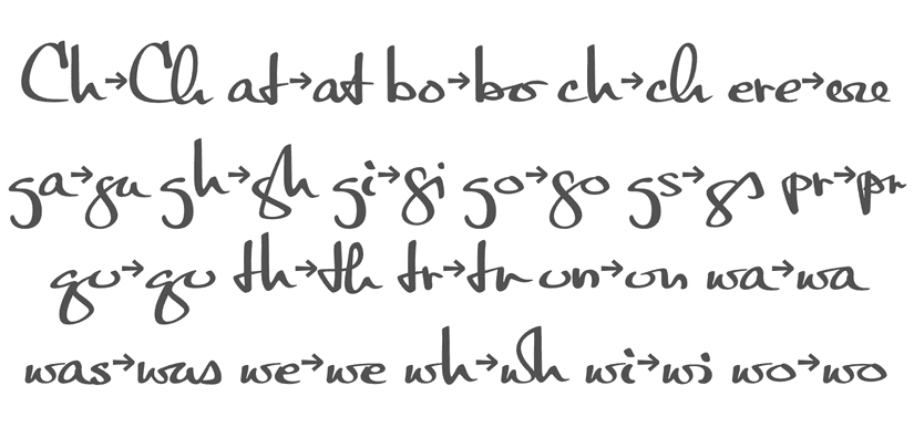 A list of all the ligatures. First demonstrating the un-ligatured pair followed by the ligature