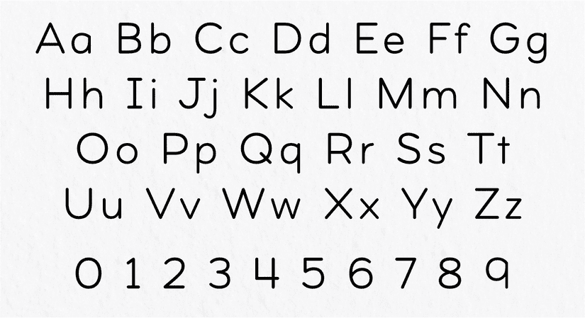 The alphabet laid out in four rows with number below, this time in the Formulate typeface