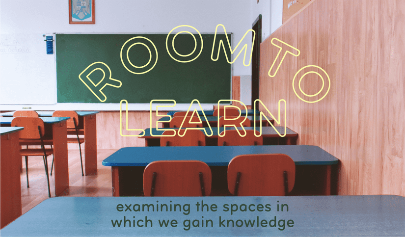 A photo of a classroom with the words "room to learn" in a rounded, yellow outline style. There is a green board at the front of the room and four rows of blue desks with two chairs at each in front of the viewer. 