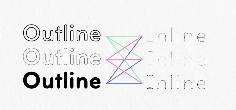 two outline and the bold style listed on the left and three inline styles listed on the right with different coloured lines connecting each style to the 3 on the other side