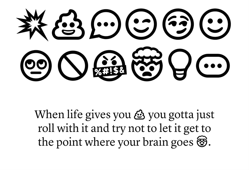 A set of 12 emojis in black and white and a sample of them within the intended book text